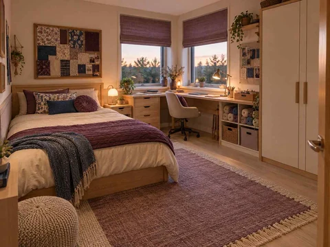 AI concept of a bedroom with a desk positioned near a window, with plum textiles and warm timber furniture