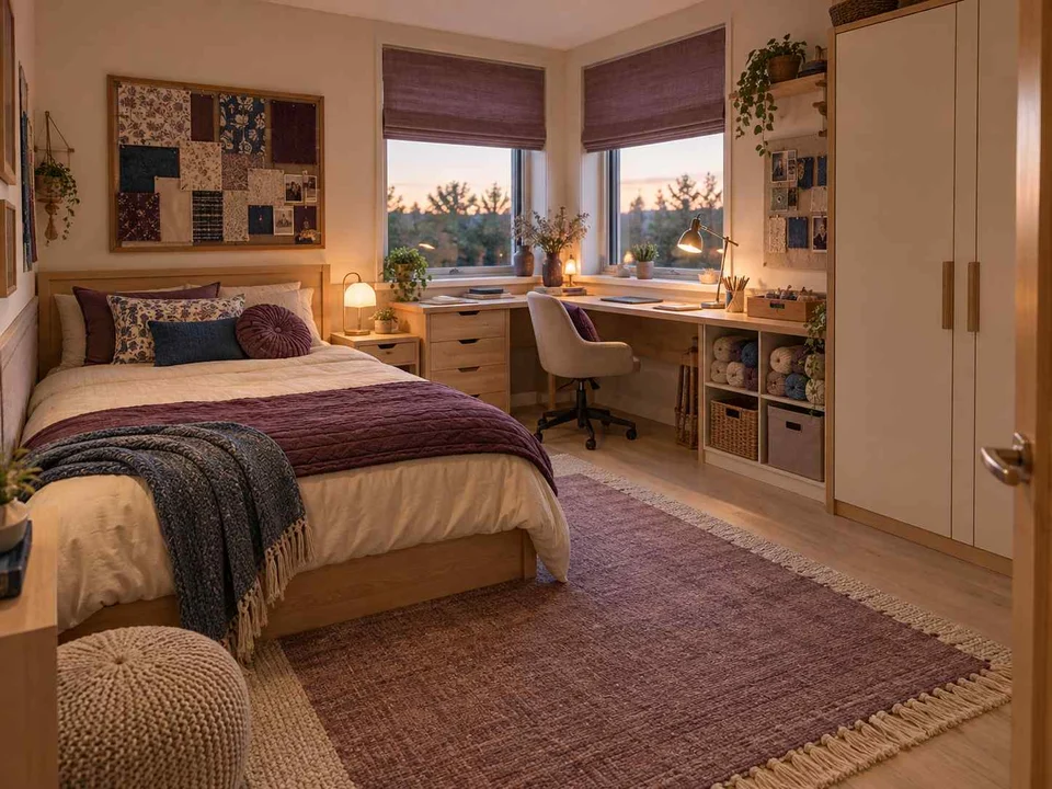AI concept of a bedroom with a desk positioned near a window, with plum textiles and warm timber furniture