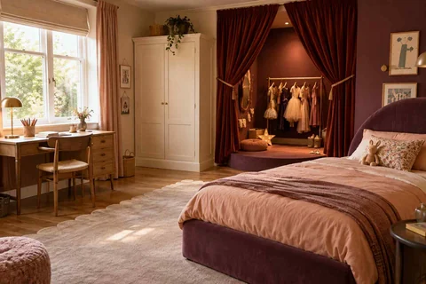 AI concept: a plum bedroom with a curtained costume alcove and a timber desk