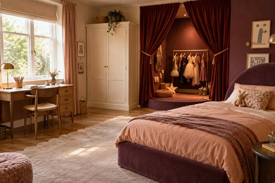 AI concept: a plum bedroom with a curtained costume alcove and a timber desk