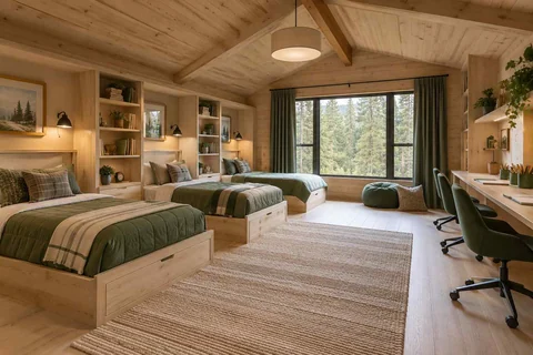 AI concept: three beds sit beneath a timber ceiling in a cabin-style shared room