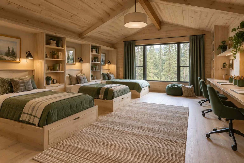 AI concept: three beds sit beneath a timber ceiling in a cabin-style shared room