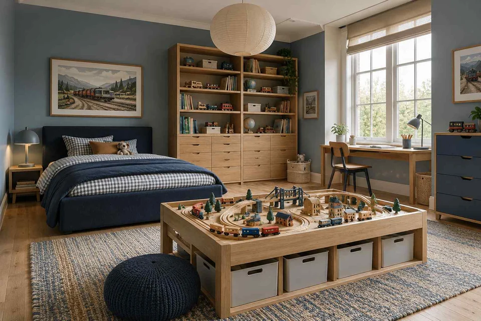 AI concept: a train table occupies the centre of a blue bedroom with a desk and bookcase
