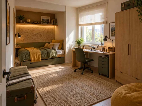 AI concept of a bedroom with a recessed sleeping area and a separate desk, with map-inspired wall art and mustard bedding