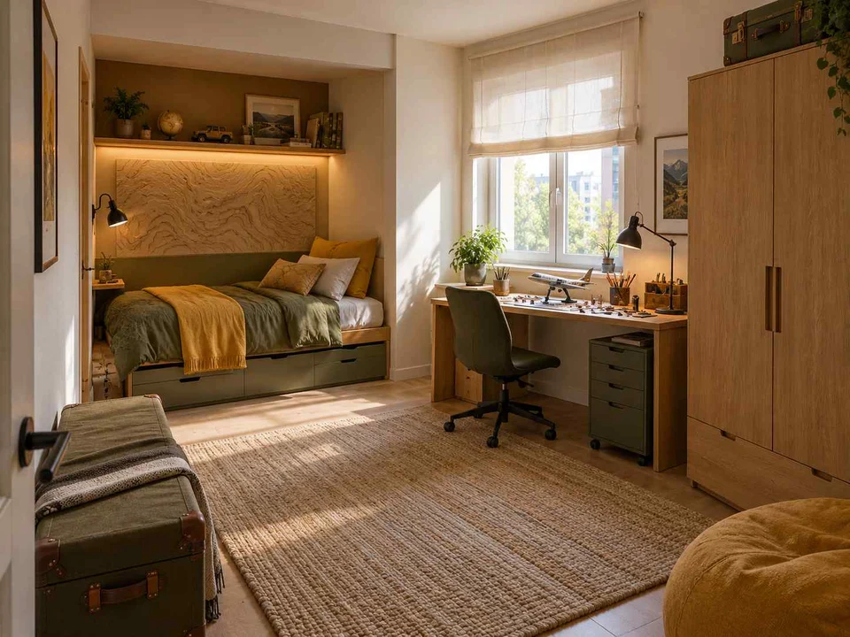 AI concept of a bedroom with a recessed sleeping area and a separate desk, with map-inspired wall art and mustard bedding