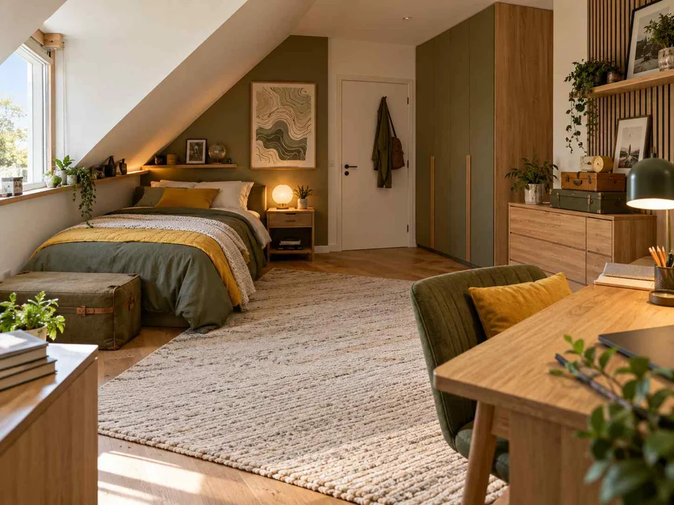 AI concept of a bedroom beneath a sloping ceiling with a bed and desk, with map-inspired wall art and mustard bedding