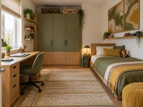 AI concept of a bedroom arranged with a bed, desk and storage furniture, with map-inspired wall art and mustard bedding