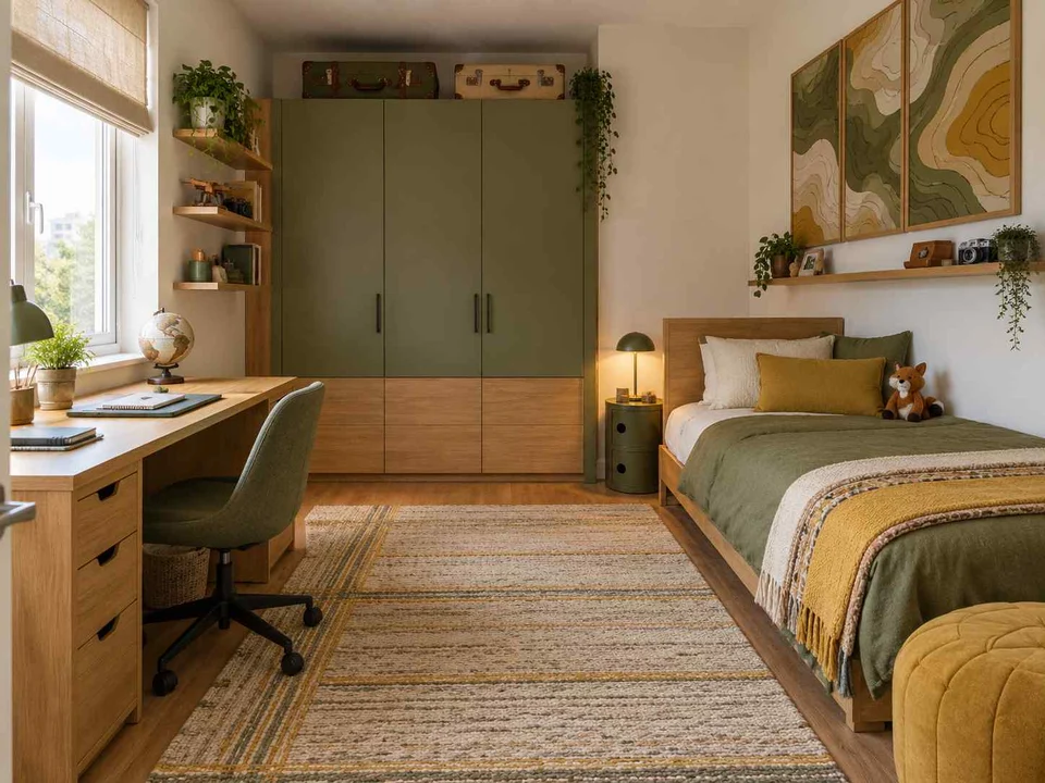 AI concept of a bedroom arranged with a bed, desk and storage furniture, with map-inspired wall art and mustard bedding