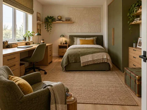 AI concept of a bedroom with desk space, task lighting and nearby storage, with map-inspired wall art and mustard bedding