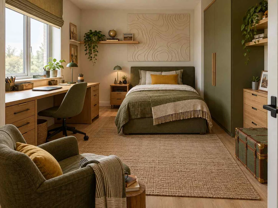 AI concept of a bedroom with desk space, task lighting and nearby storage, with map-inspired wall art and mustard bedding