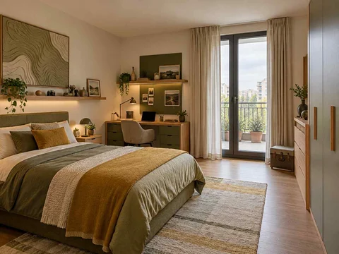 AI concept of a bedroom opening towards full-height glazed doors, with map-inspired wall art and mustard bedding
