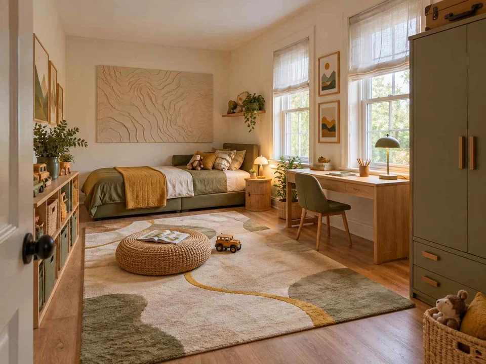 AI concept of a bedroom with a central rug and open floor space for play, with map-inspired wall art and mustard bedding