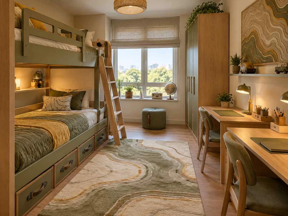AI concept of bunk beds alongside study furniture and storage, with map-inspired wall art and mustard bedding