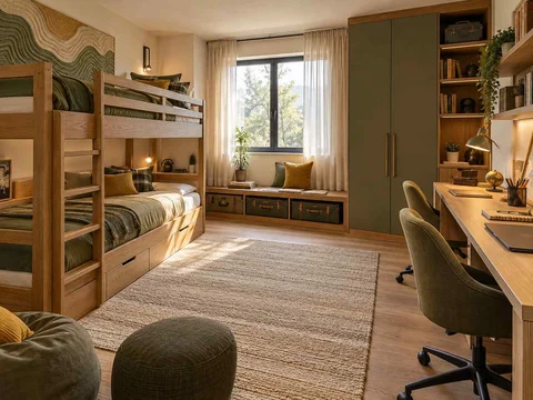 AI concept of bunk beds paired with bookshelves and study space, with map-inspired wall art and mustard bedding