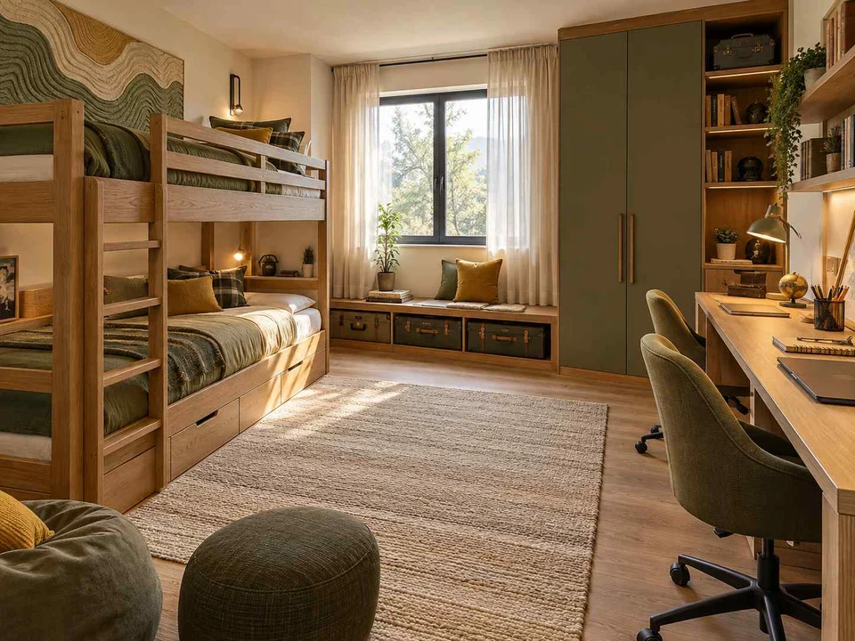 AI concept of bunk beds paired with bookshelves and study space, with map-inspired wall art and mustard bedding