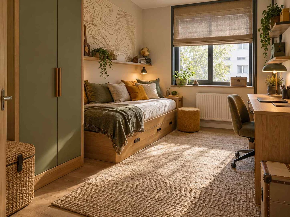 AI concept of a compact bedroom combining a bed, desk and storage, with map-inspired wall art and mustard bedding
