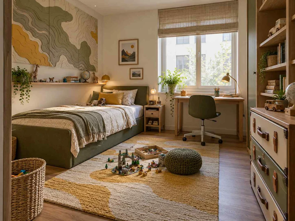AI concept of a daylit bedroom with space for floor play, with map-inspired wall art and mustard bedding