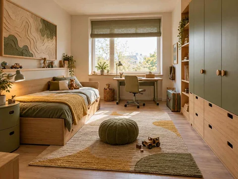 AI concept of a bedroom with a bed, study desk and open central floor space, with map-inspired wall art and mustard bedding