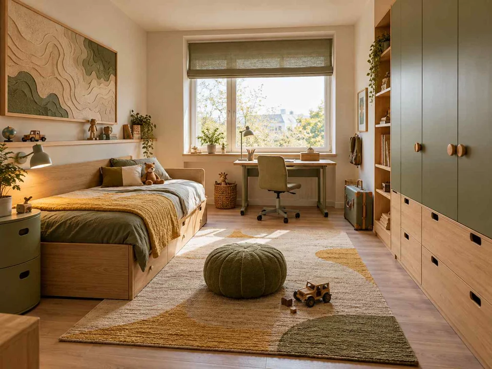 AI concept of a bedroom with a bed, study desk and open central floor space, with map-inspired wall art and mustard bedding