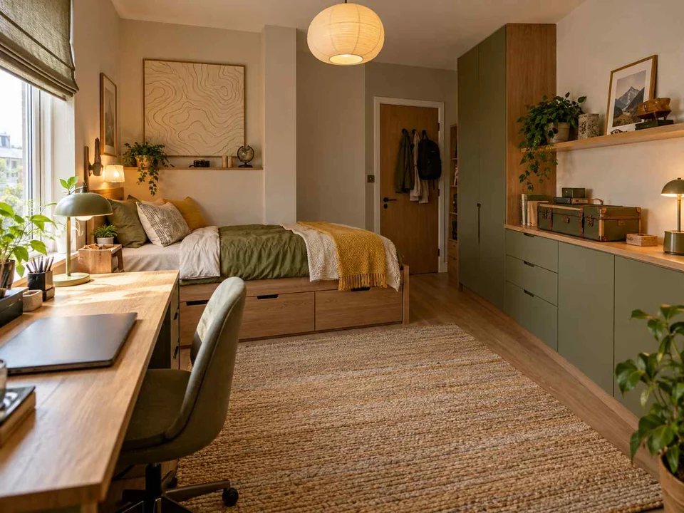 AI concept of a bedroom combining low storage with taller cabinetry or shelving, with map-inspired wall art and mustard bedding