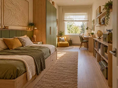 AI concept of a long bedroom with sleeping and study areas arranged along its length, with map-inspired wall art and mustard bedding