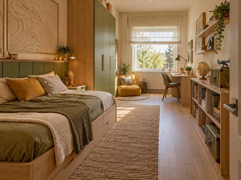 AI concept of a long bedroom with sleeping and study areas arranged along its length, with map-inspired wall art and mustard bedding