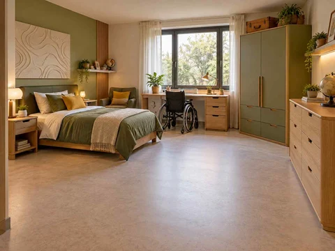 AI concept of a bedroom with an open central floor area and furniture arranged around its edges, with map-inspired wall art and mustard bedding
