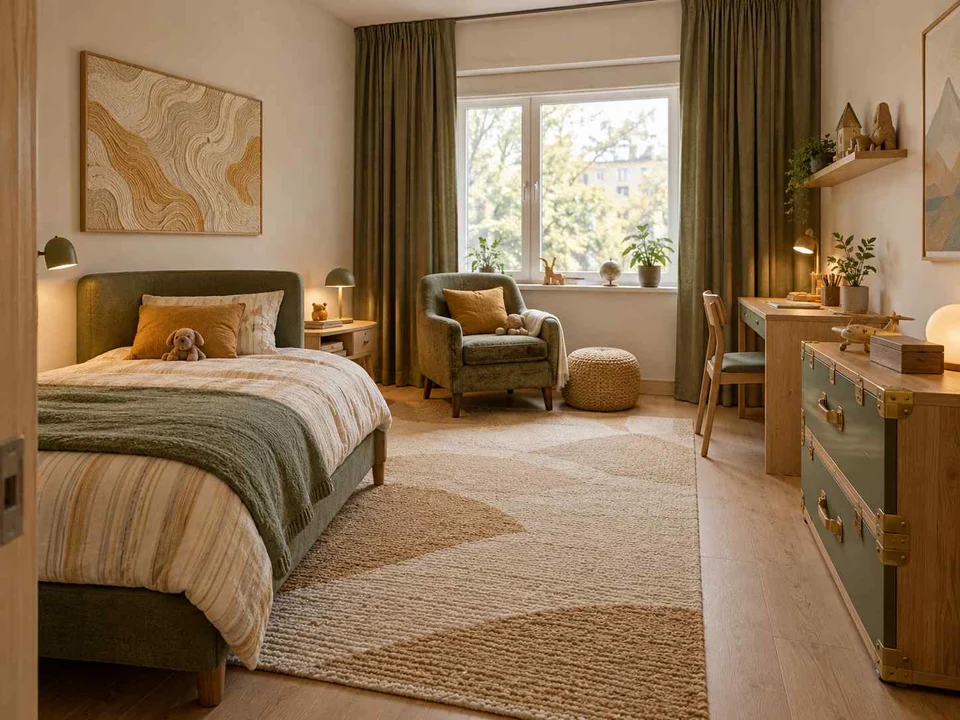AI concept of a bedroom arranged around sleep, storage and a small sitting area, with map-inspired wall art and mustard bedding