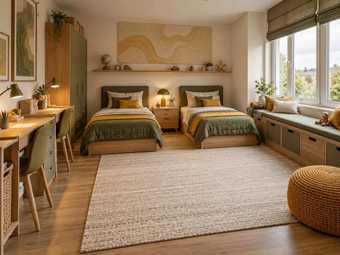 AI concept of a shared bedroom with twin sleeping areas and daylight from the window side, with map-inspired wall art and mustard bedding