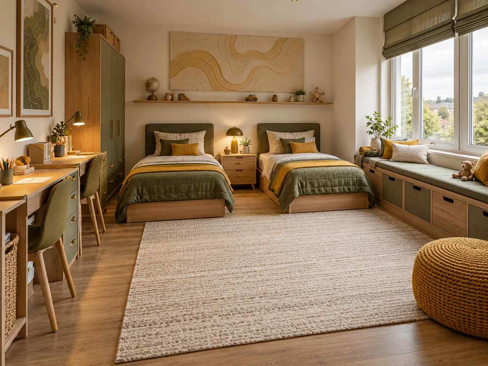 AI concept of a shared bedroom with twin sleeping areas and daylight from the window side, with map-inspired wall art and mustard bedding