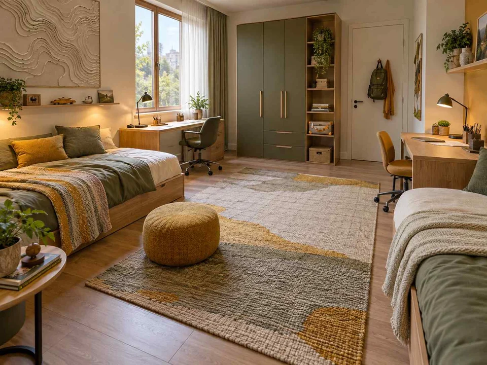 AI concept of a shared bedroom with two sleeping areas and desk space, with map-inspired wall art and mustard bedding