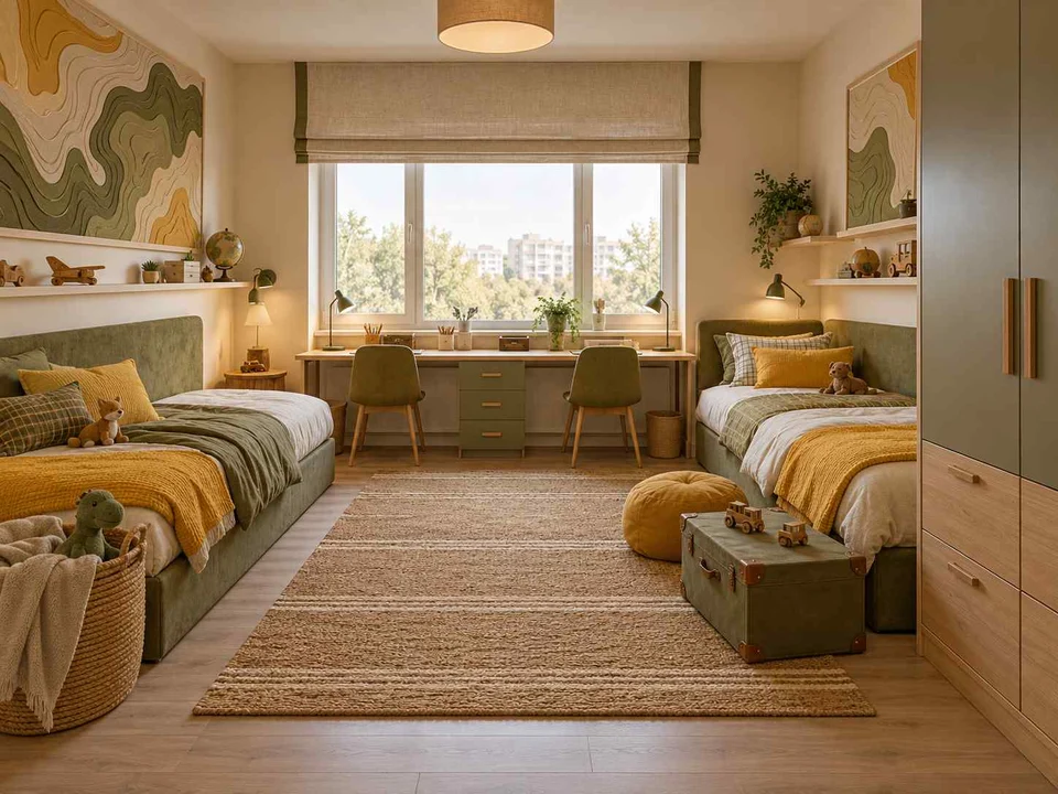 AI concept of two beds arranged around a shared central floor area, with map-inspired wall art and mustard bedding