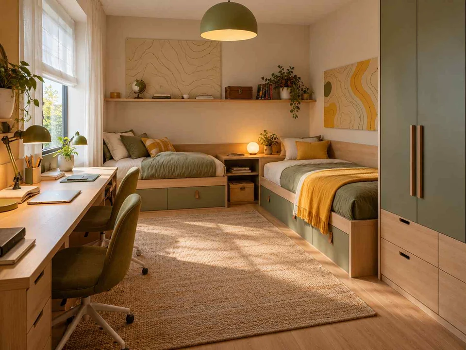 AI concept of a shared bedroom with two sleeping areas and study furniture, with map-inspired wall art and mustard bedding