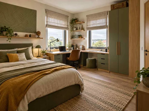 AI concept of a bedroom with a desk positioned near a window, with map-inspired wall art and mustard bedding