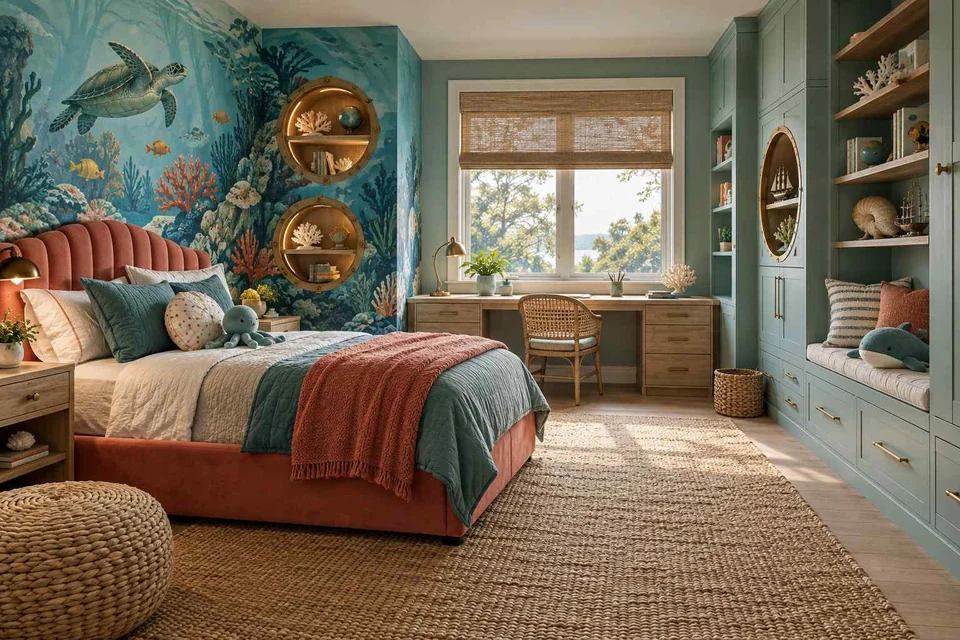 AI concept: an underwater mural behind a blue and coral bed, with shelving and woven storage