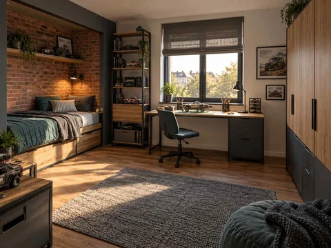AI concept of a bedroom with a recessed sleeping area and a separate desk, with dark accents and warm timber furniture