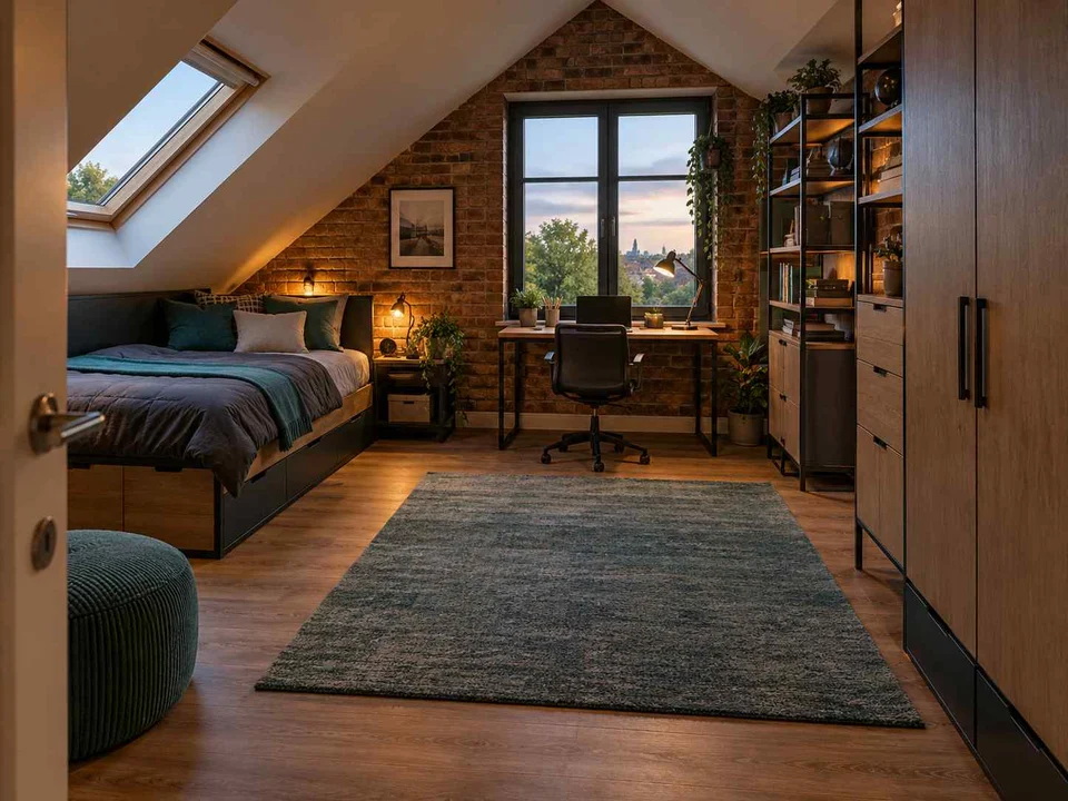 AI concept of a bedroom beneath a sloping ceiling with a bed and desk, with dark accents and warm timber furniture