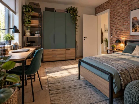 AI concept of a bedroom arranged with a bed, desk and storage furniture, with dark accents and warm timber furniture