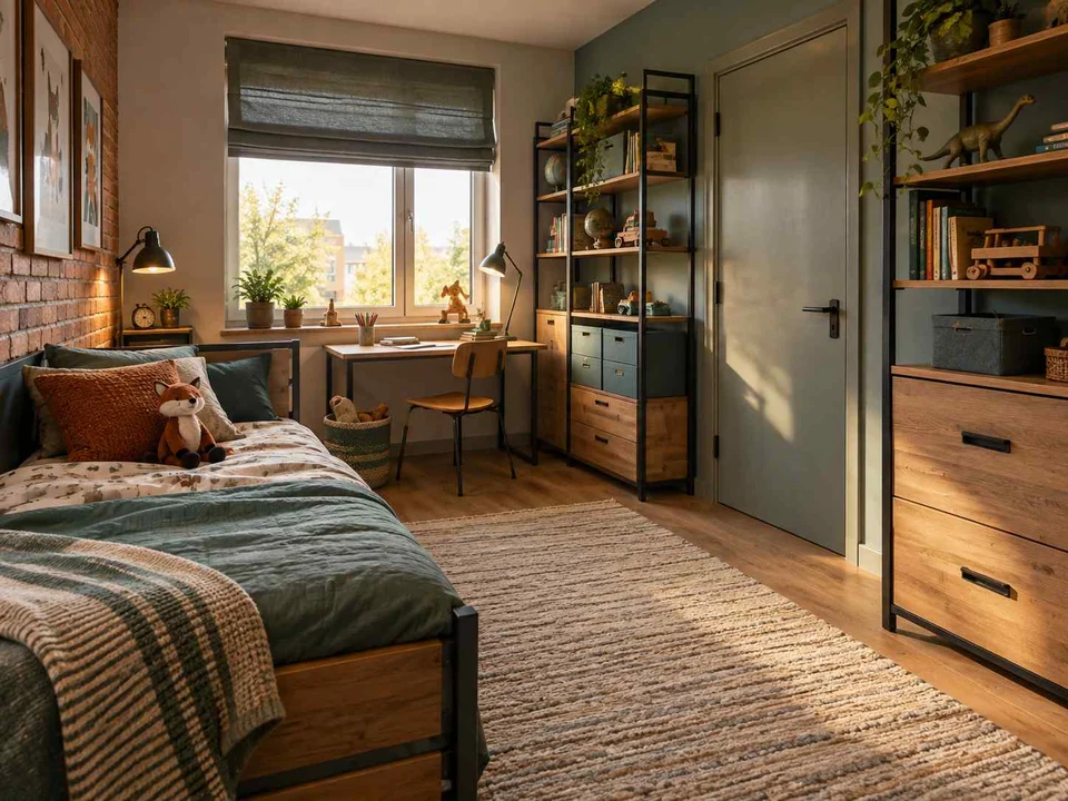 AI concept of a bedroom with cabinetry and shelving along the walls, with dark accents and warm timber furniture