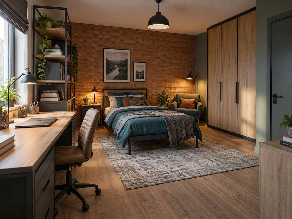 AI concept of a bedroom with desk space, task lighting and nearby storage, with dark accents and warm timber furniture