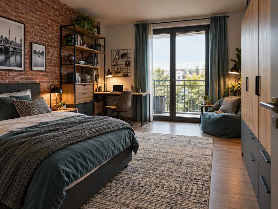 AI concept of a bedroom opening towards full-height glazed doors, with dark accents and warm timber furniture