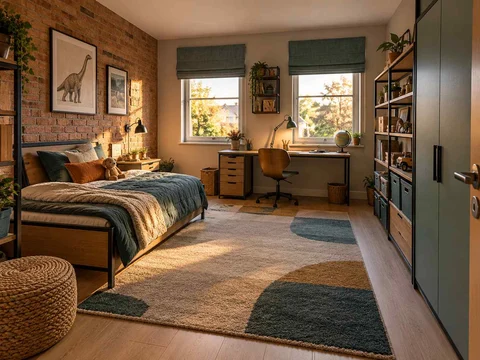 AI concept of a bedroom with a central rug and open floor space for play, with dark accents and warm timber furniture