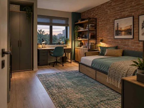 AI concept of a bedroom with a study desk and storage beside the sleeping area, with dark accents and warm timber furniture