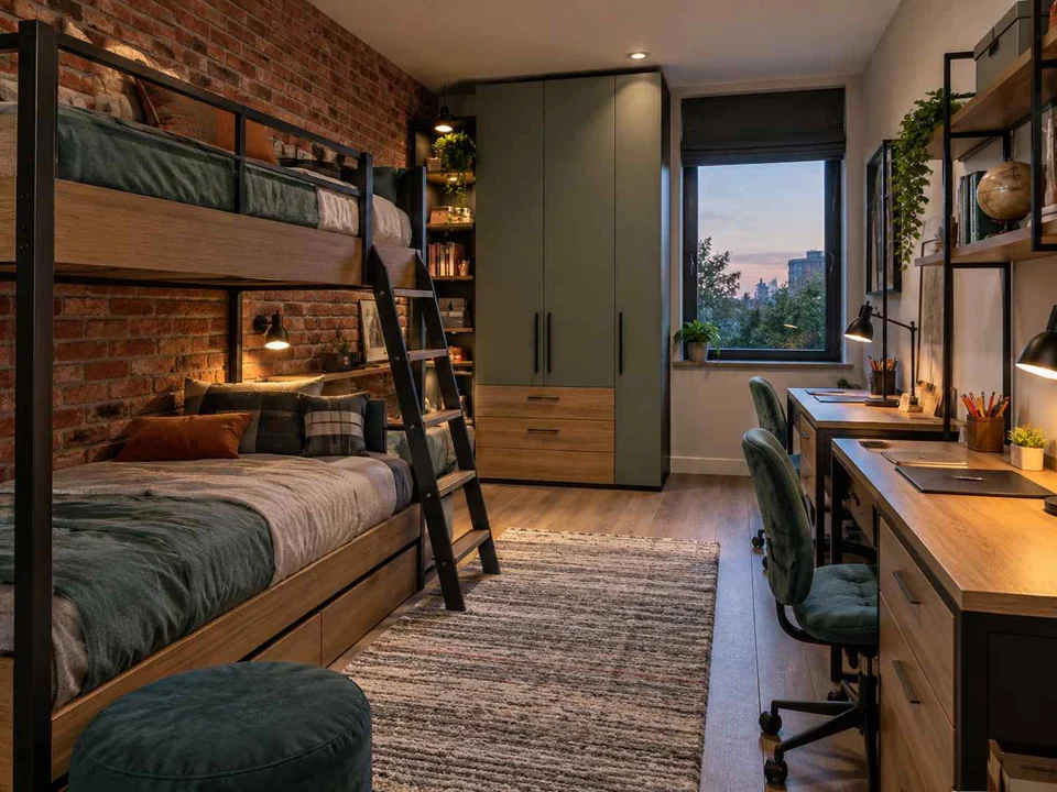 AI concept of bunk beds alongside study furniture and storage, with dark accents and warm timber furniture