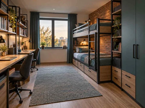 AI concept of bunk beds paired with bookshelves and study space, with dark accents and warm timber furniture