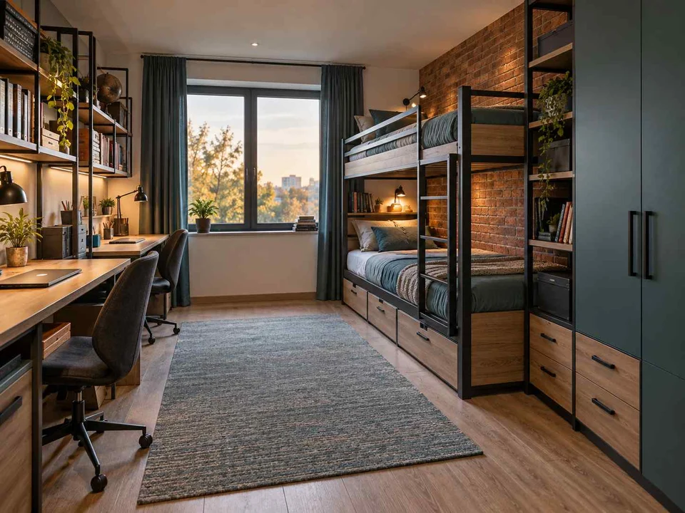 AI concept of bunk beds paired with bookshelves and study space, with dark accents and warm timber furniture
