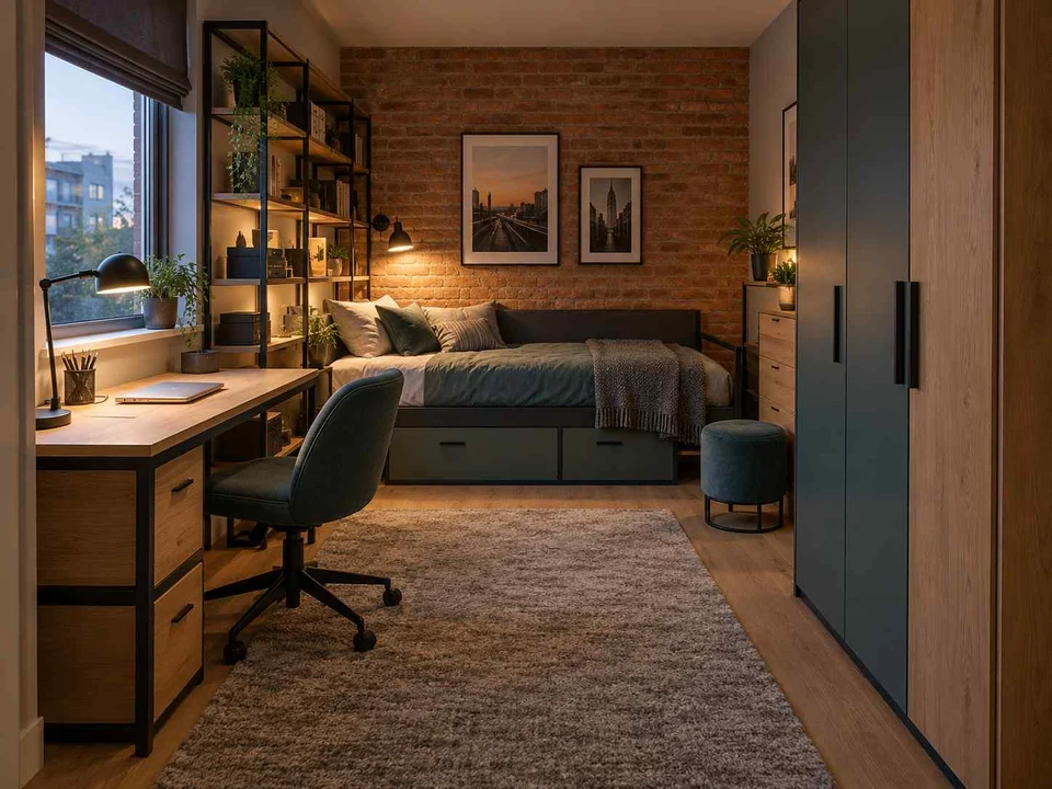 AI concept of a compact bedroom combining a bed, desk and storage, with dark accents and warm timber furniture