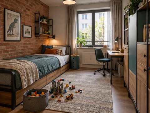 AI concept of a daylit bedroom with space for floor play, with dark accents and warm timber furniture