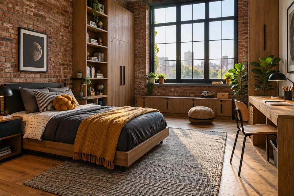 AI concept: an exposed-brick bedroom with dark window frames, timber bed and study desk