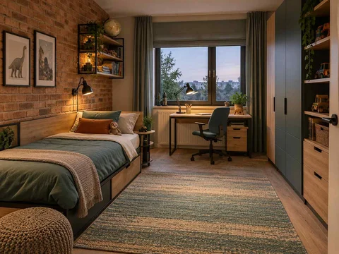 AI concept of a bedroom with a bed, study desk and open central floor space, with dark accents and warm timber furniture